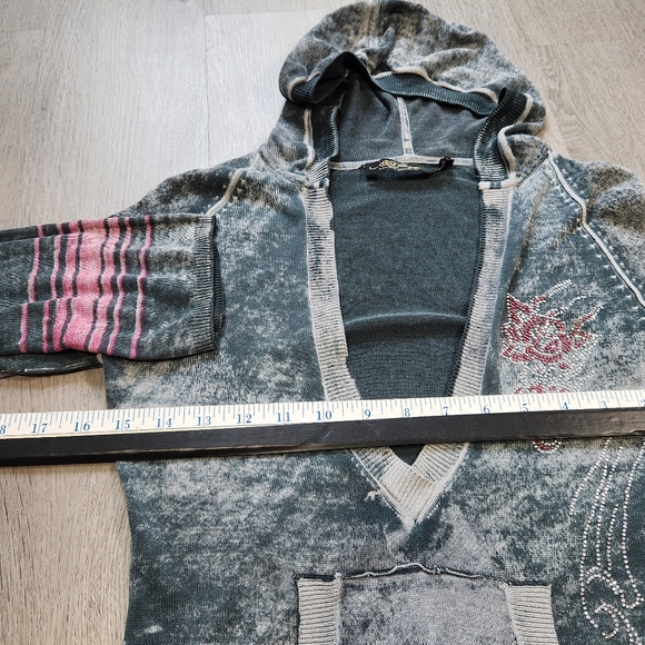 Vintage Y2K Ed Hardy Rhinestone Skull Hoodie Long sleeve Women Small Grunge Top - Picture 5 of 11